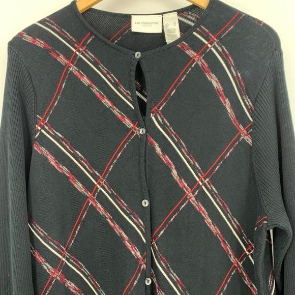 Liz Claiborne Size XL Black cardigan Sweater Button Up Cotton Blend 1943 Argyle - Picture 8 of 8